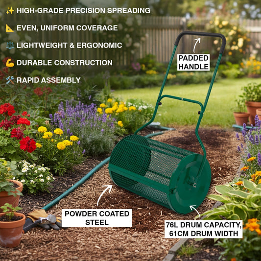 Woodside 76L Lawn Compost Spreader Top Dress Soil/Fertiliser/Seed Heavy Duty Garden Roller