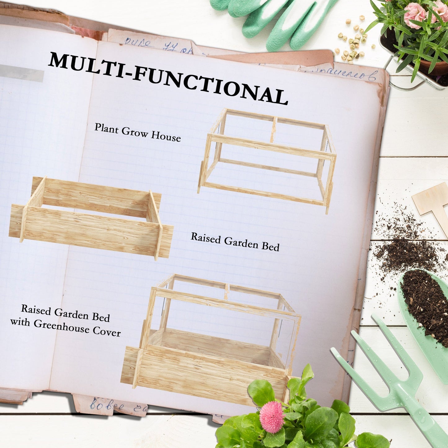 Outdoor Raised Garden Bed with Cold Frame Greenhouse and Openable Top, Wooden Elevated Planter Box for Vegetables, Flowers and Herbs, 98x98x63.5cm