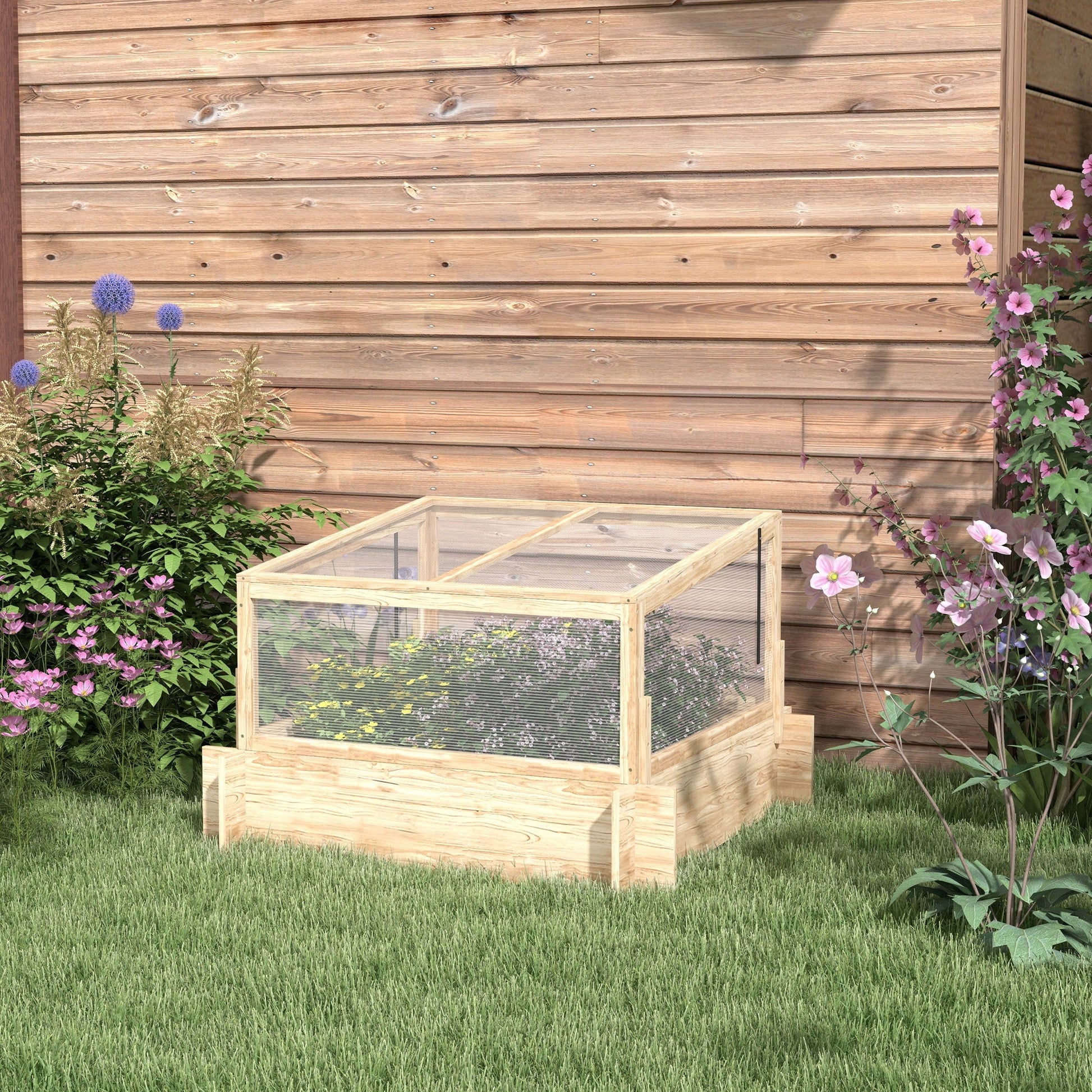 Outdoor Raised Garden Bed with Cold Frame Greenhouse and Openable Top, Wooden Elevated Planter Box for Vegetables, Flowers and Herbs, 98x98x63.5cm