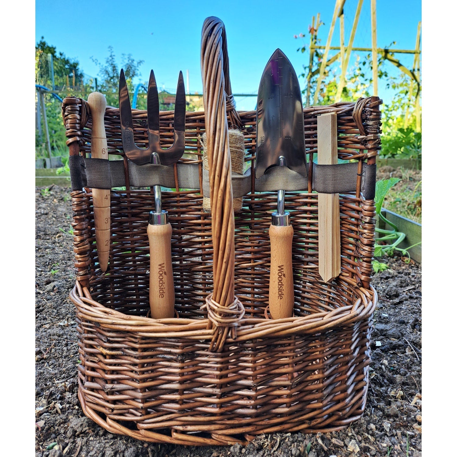 Woodside Willow Tool Basket/Trug with Garden Hand Tools Trowel/Fork/Dibber
