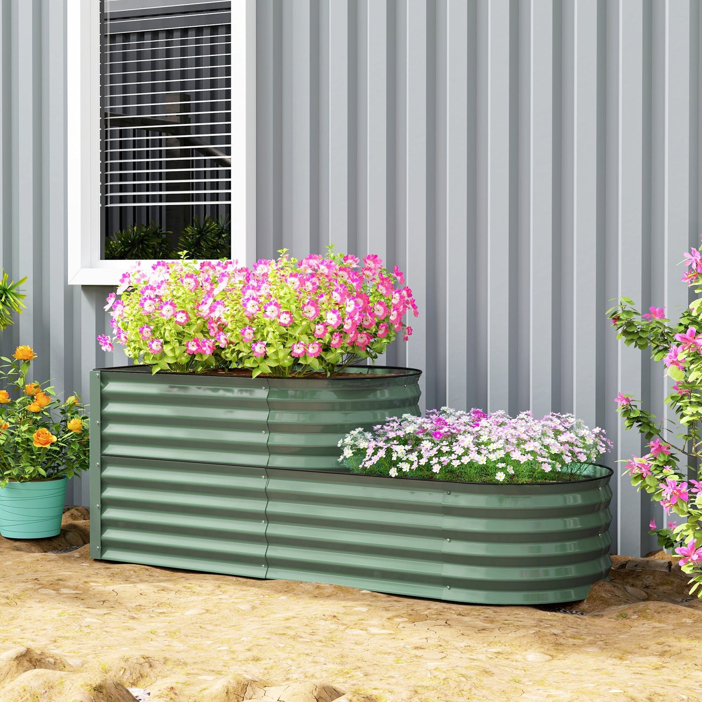2-Tier Raised Garden Bed, Outdoor Galvanised Planter Box with Safety Edging and Gloves, Metal Raised Bed with Open Bottom for Vegetables, Flowers, Fruits and Herbs, Light Green