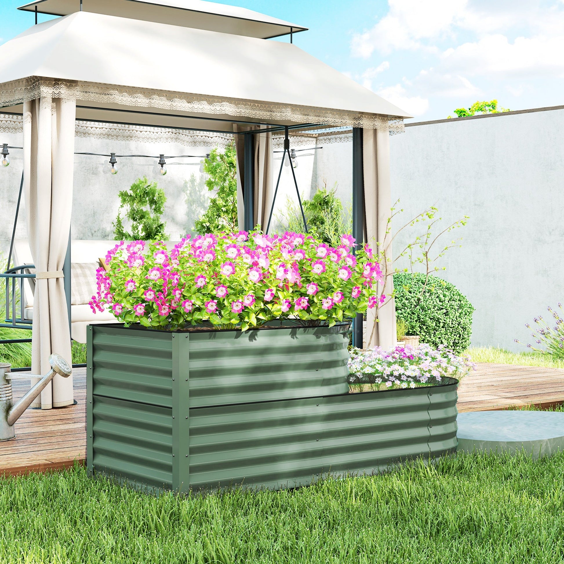 2-Tier Raised Garden Bed, Outdoor Galvanised Planter Box with Safety Edging and Gloves, Metal Raised Bed with Open Bottom for Vegetables, Flowers, Fruits and Herbs, Light Green