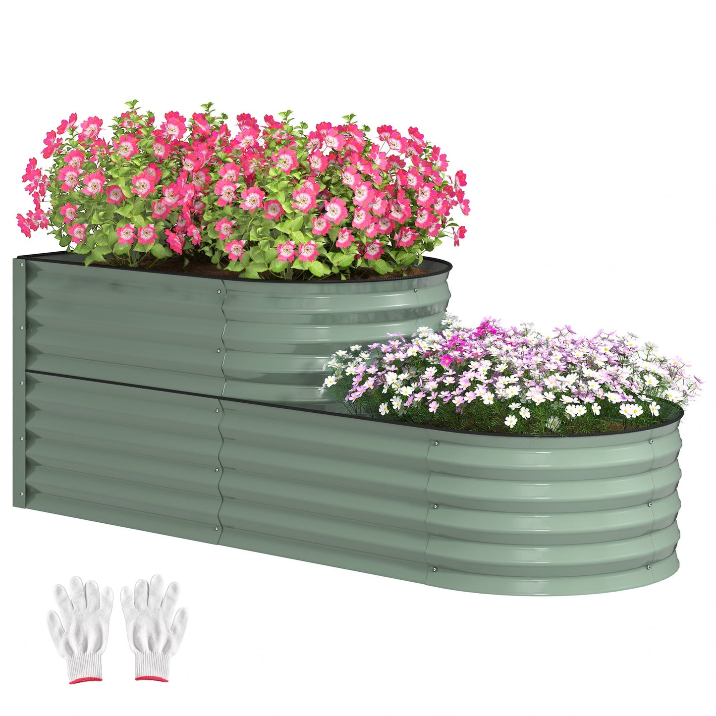2-Tier Raised Garden Bed, Outdoor Galvanised Planter Box with Safety Edging and Gloves, Metal Raised Bed with Open Bottom for Vegetables, Flowers, Fruits and Herbs, Light Green