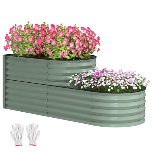 2-Tier Raised Garden Bed, Outdoor Galvanised Planter Box with Safety Edging and Gloves, Metal Raised Bed with Open Bottom for Vegetables, Flowers, Fruits and Herbs, Light Green