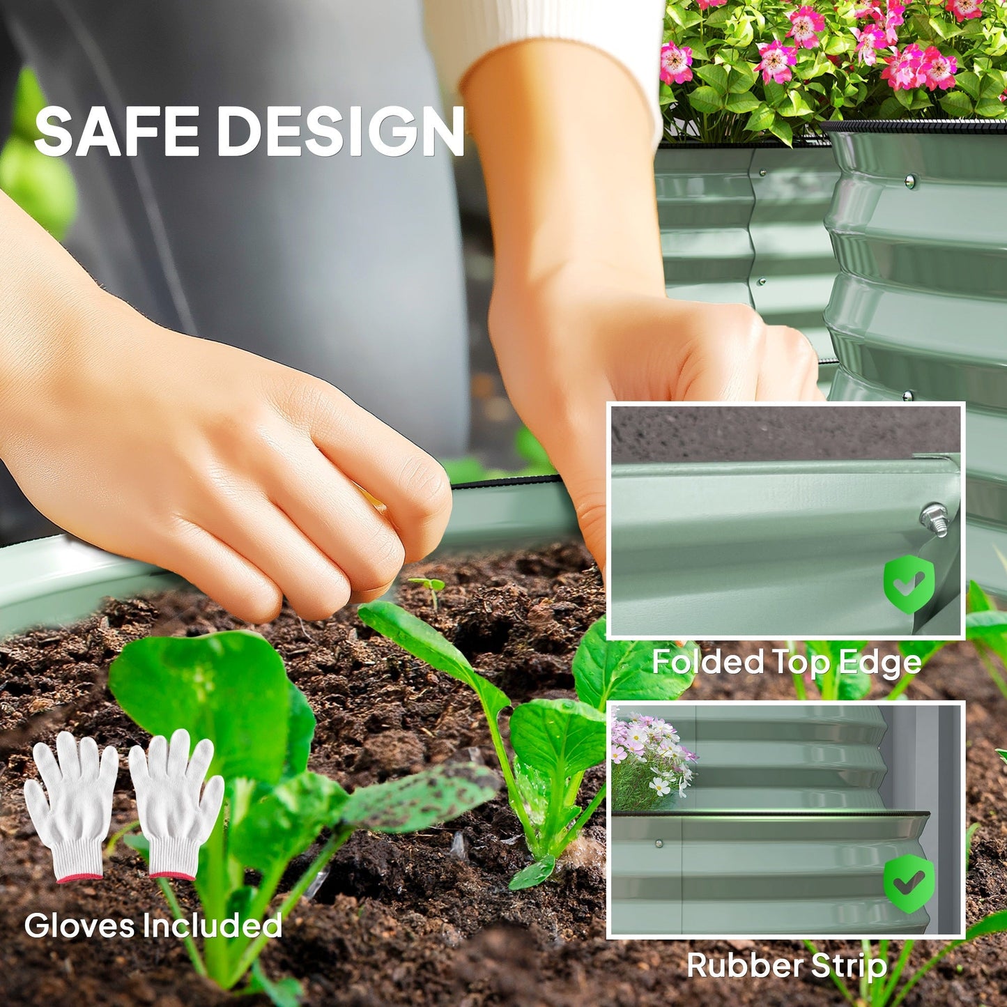2-Tier Raised Garden Bed, Outdoor Galvanised Planter Box with Safety Edging and Gloves, Metal Raised Bed with Open Bottom for Vegetables, Flowers, Fruits and Herbs, Light Green