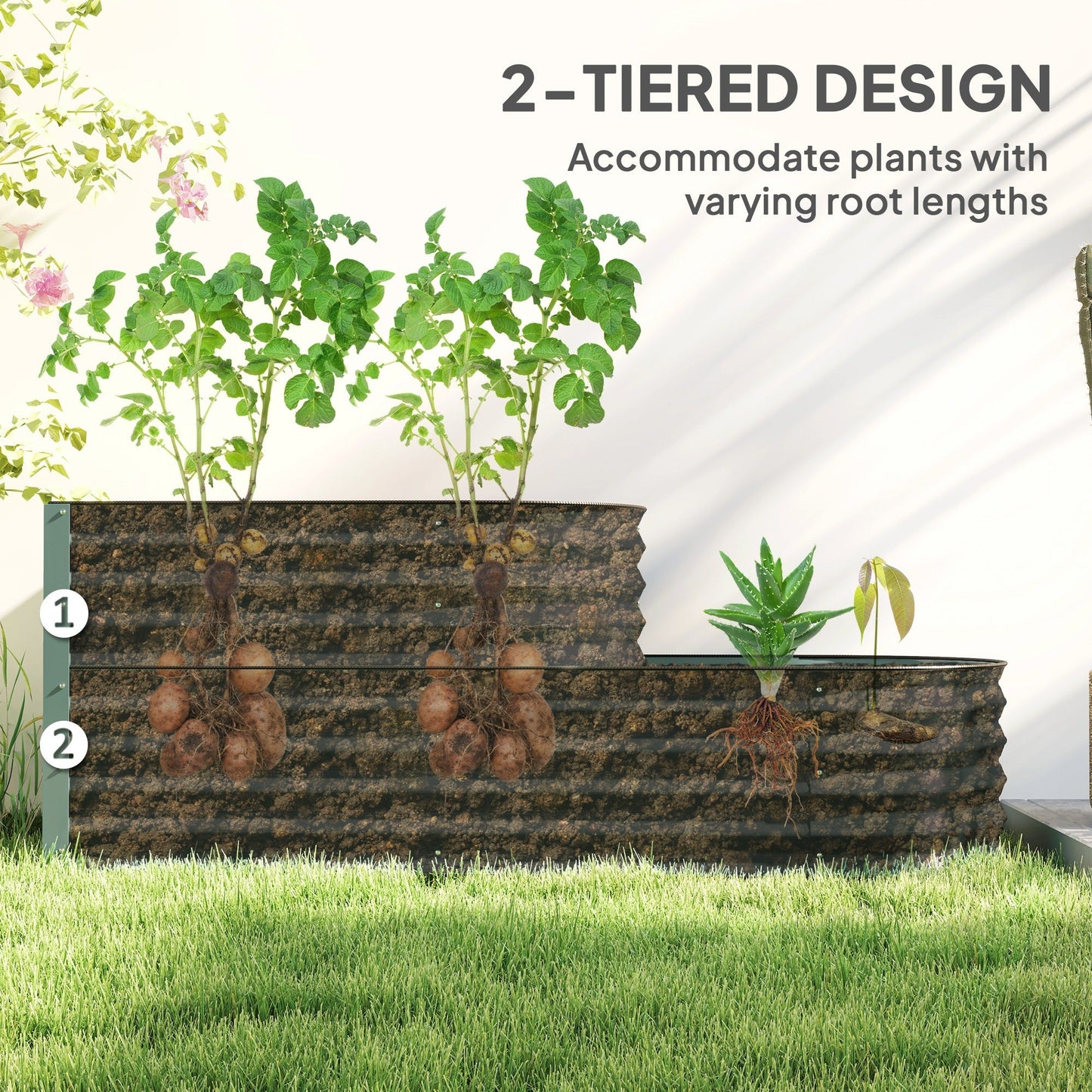 2-Tier Raised Garden Bed, Outdoor Galvanised Planter Box with Safety Edging and Gloves, Metal Raised Bed with Open Bottom for Vegetables, Flowers, Fruits and Herbs, Light Green