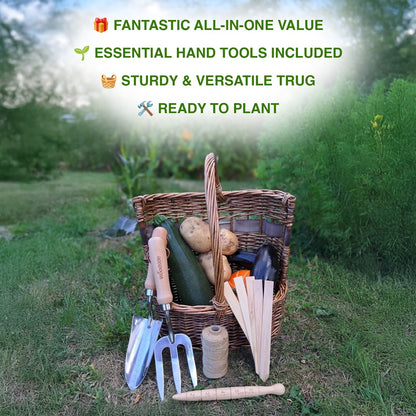 Woodside Willow Tool Basket/Trug with Garden Hand Tools Trowel/Fork/Dibber