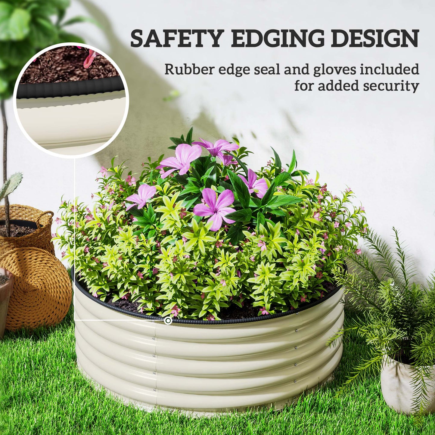 Galvanised Raised Garden Bed with Safety Edging, Outdoor Raised Planter Box with Gloves and Open Bottom, Metal Raised Bed for Flowers, Vegetables and Herbs, 120 x 120 x 43cm, Cream White