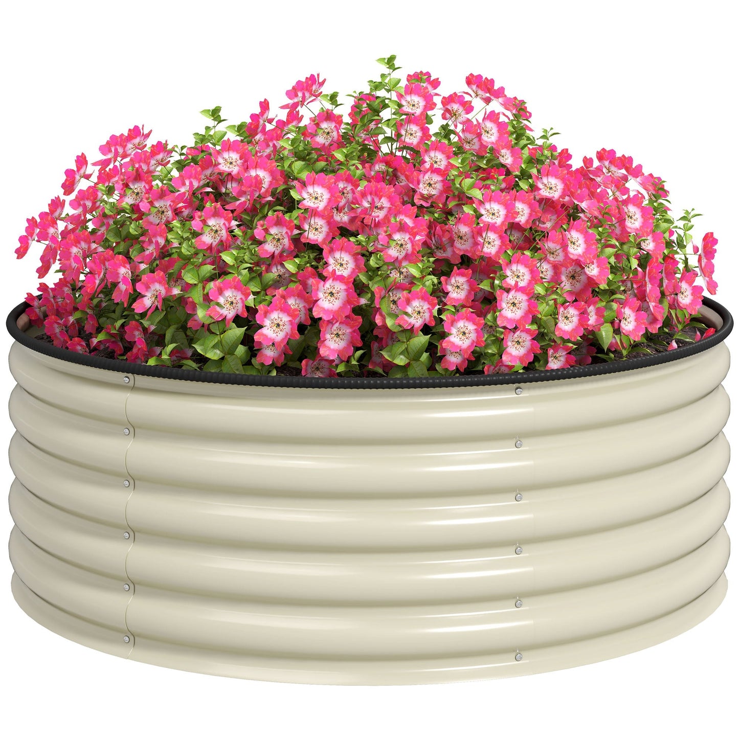 Galvanised Raised Garden Bed with Safety Edging, Outdoor Raised Planter Box with Gloves and Open Bottom, Metal Raised Bed for Flowers, Vegetables and Herbs, 120 x 120 x 43cm, Cream White