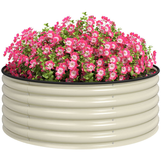 Galvanised Raised Garden Bed with Safety Edging, Outdoor Raised Planter Box with Gloves and Open Bottom, Metal Raised Bed for Flowers, Vegetables and Herbs, 120 x 120 x 43cm, Cream White