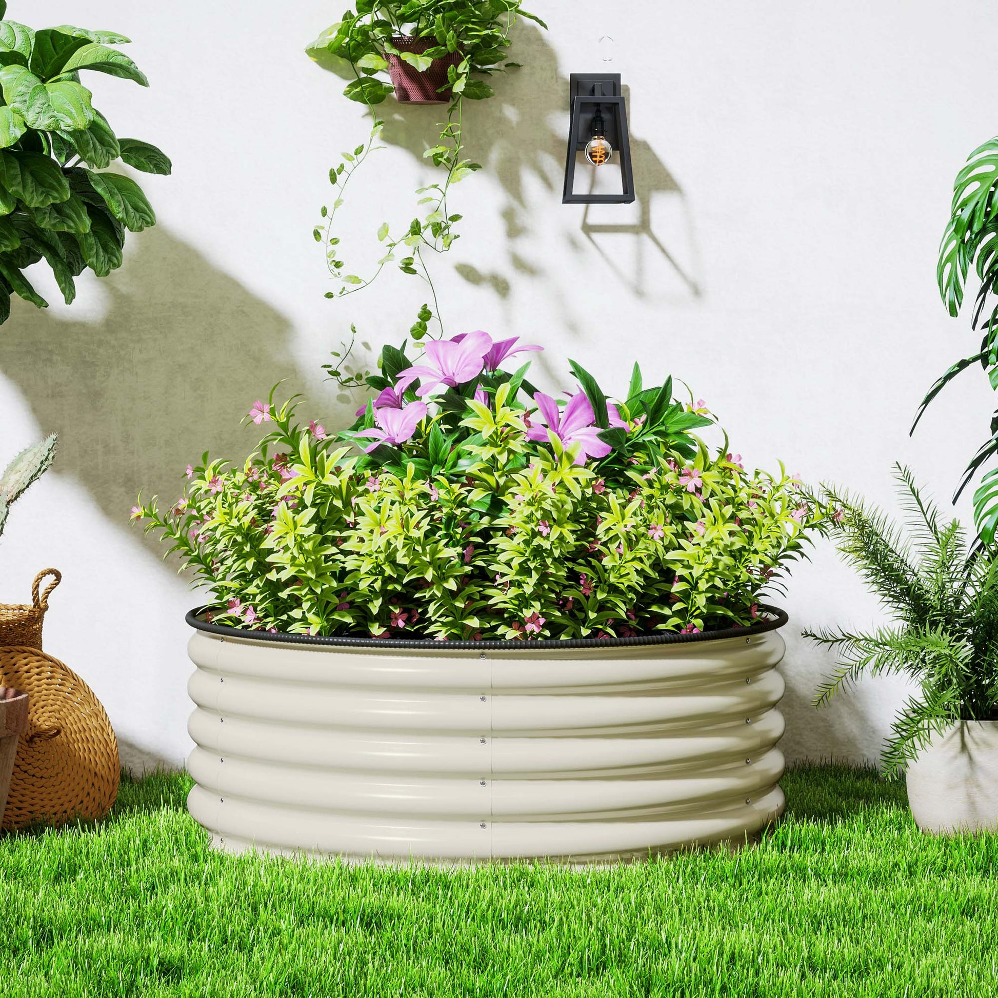 Galvanised Raised Garden Bed with Safety Edging, Outdoor Raised Planter Box with Gloves and Open Bottom, Metal Raised Bed for Flowers, Vegetables and Herbs, 120 x 120 x 43cm, Cream White