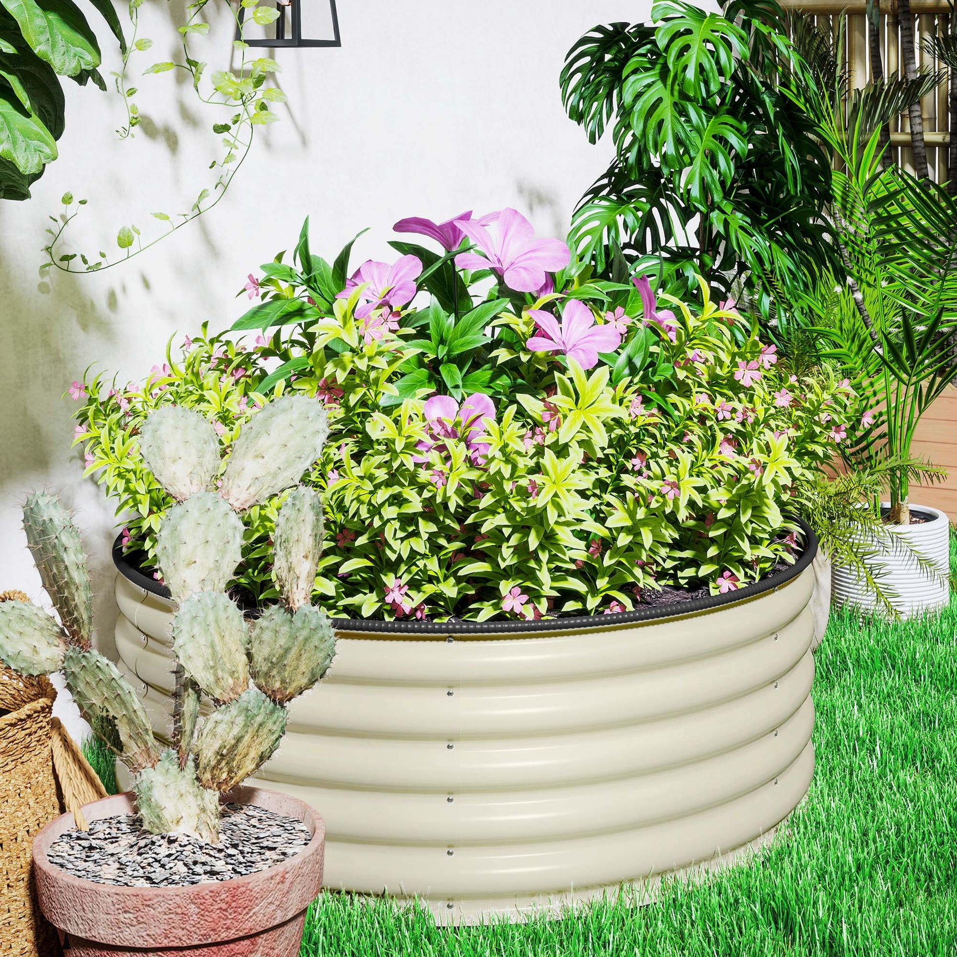 Galvanised Raised Garden Bed with Safety Edging, Outdoor Raised Planter Box with Gloves and Open Bottom, Metal Raised Bed for Flowers, Vegetables and Herbs, 120 x 120 x 43cm, Cream White