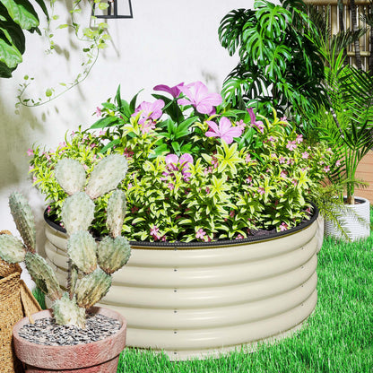 Galvanised Raised Garden Bed with Safety Edging, Outdoor Raised Planter Box with Gloves and Open Bottom, Metal Raised Bed for Flowers, Vegetables and Herbs, 120 x 120 x 43cm, Cream White