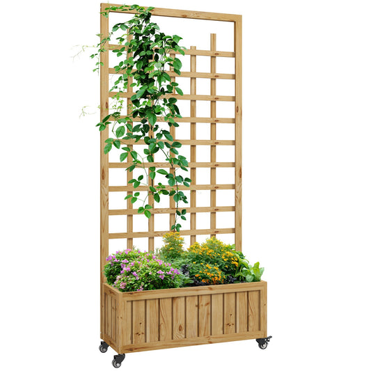Wooden Trellis Planter with Wheels and Drainage Holes for Garden, Patio, Deck, Natural