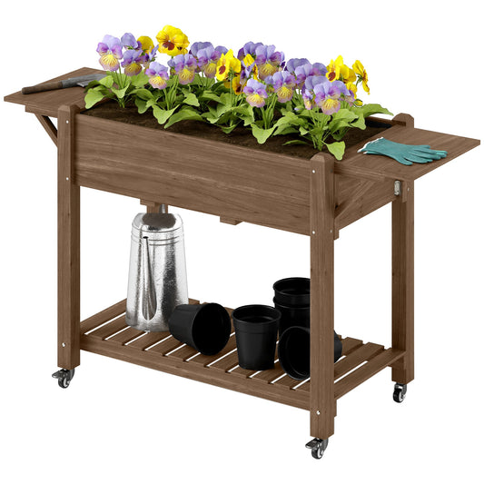 Wooden Elevated Planter Box with Lockable Wheels, Side Tables and Bottom Shelf, Carbonised