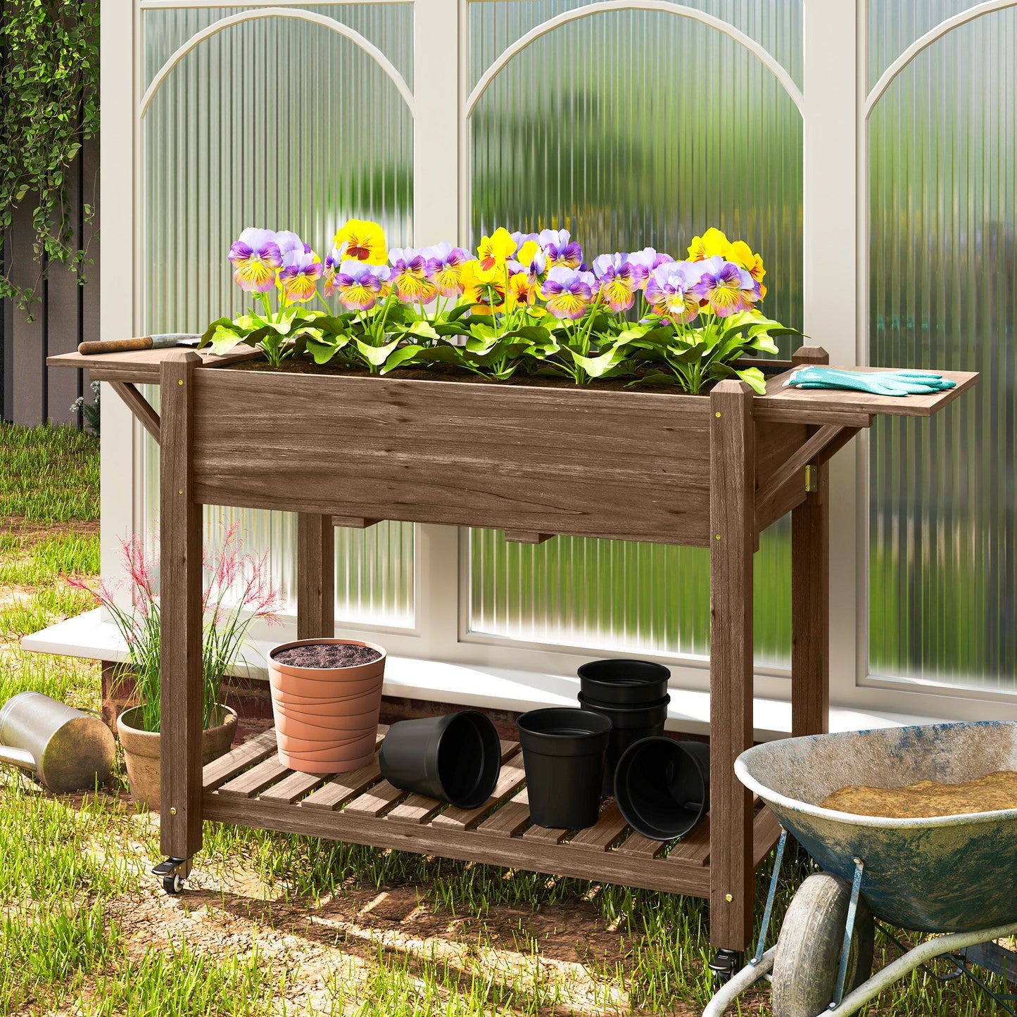Wooden Elevated Planter Box with Lockable Wheels, Side Tables and Bottom Shelf, Carbonised