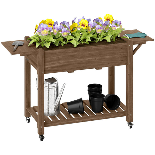 Wooden Elevated Planter Box with Lockable Wheels, Side Tables and Bottom Shelf, Carbonised