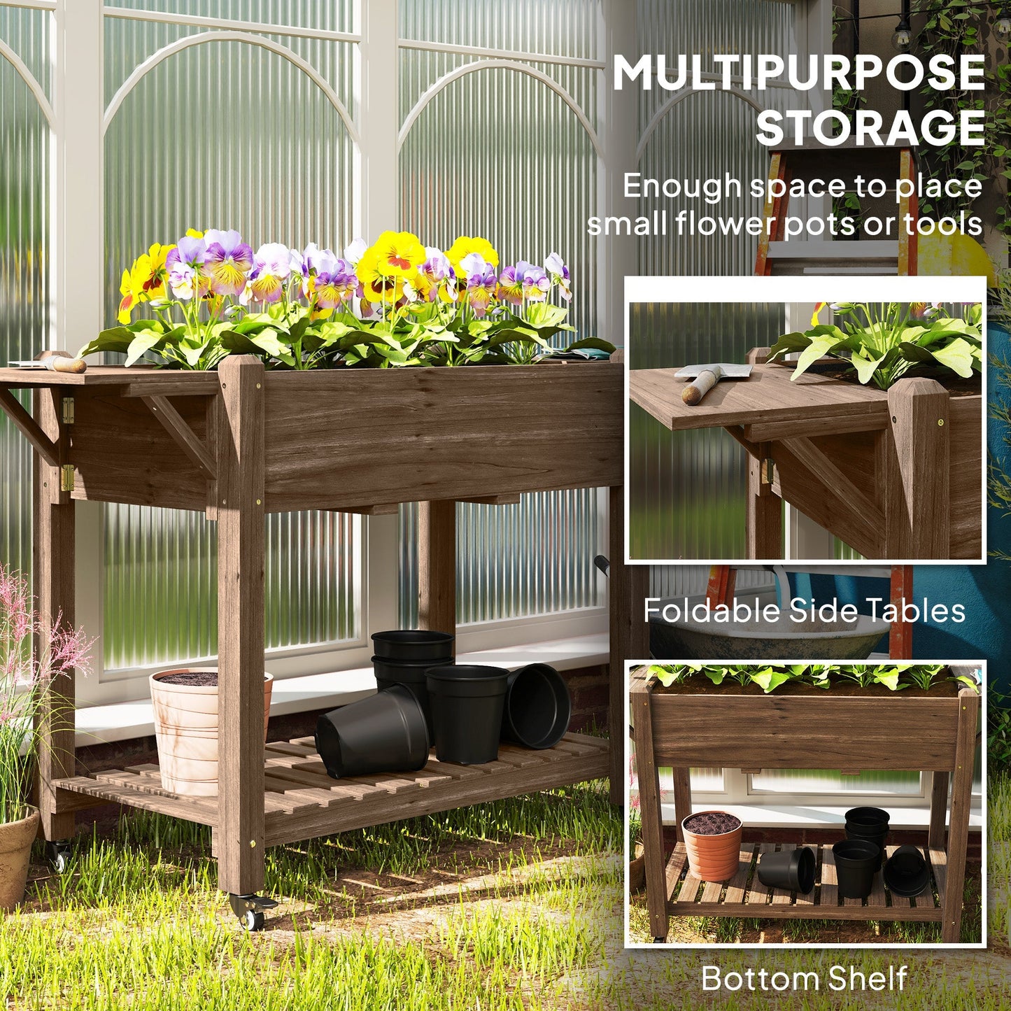 Wooden Elevated Planter Box with Lockable Wheels, Side Tables and Bottom Shelf, Carbonised