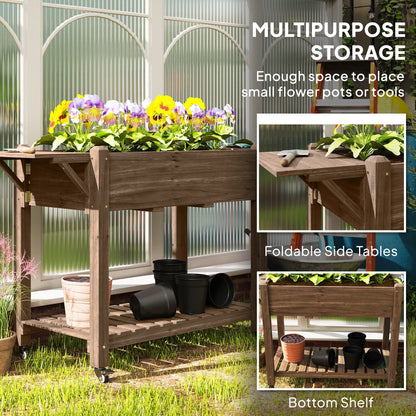 Wooden Elevated Planter Box with Lockable Wheels, Side Tables and Bottom Shelf, Carbonised
