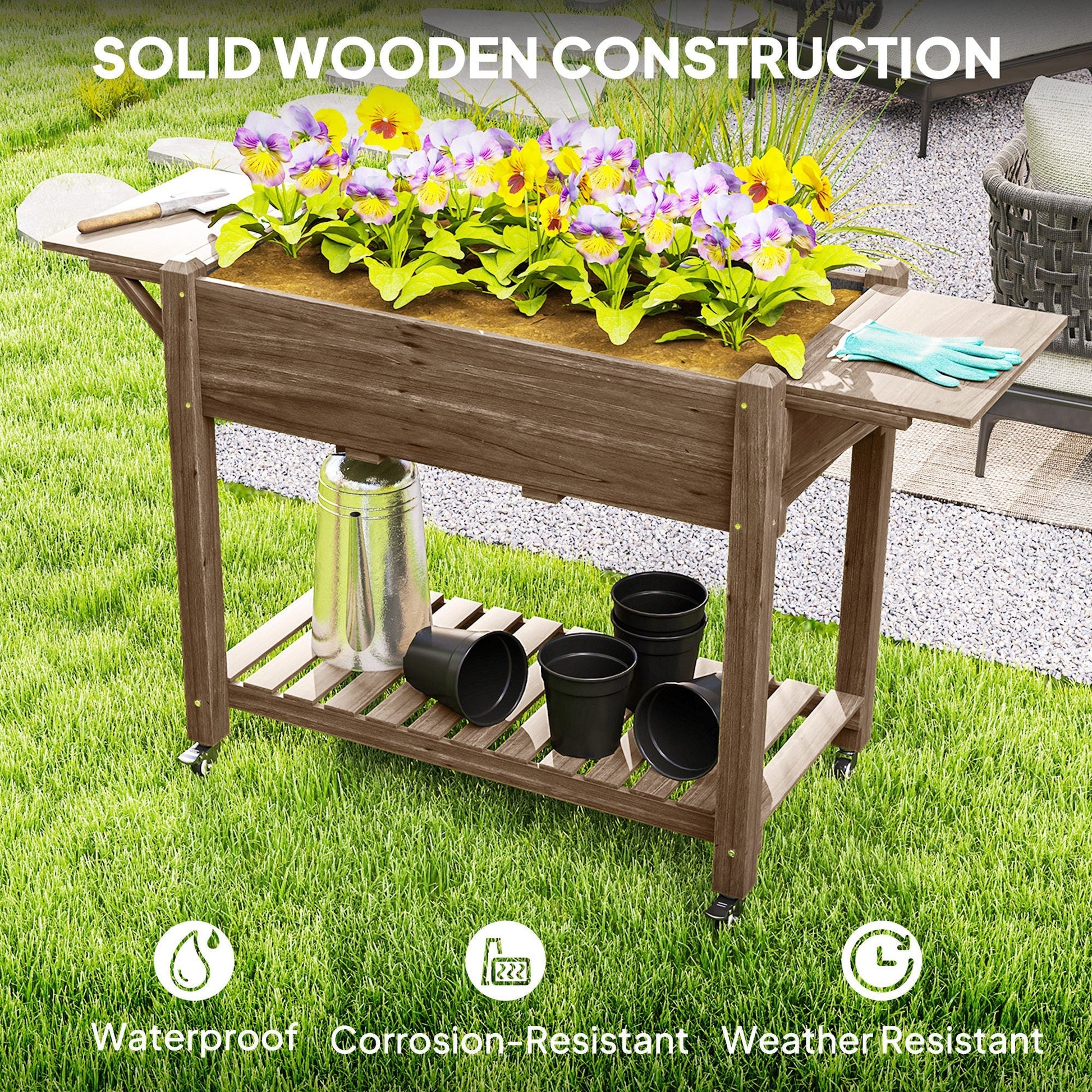 Wooden Elevated Planter Box with Lockable Wheels, Side Tables and Bottom Shelf, Carbonised