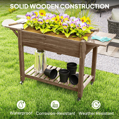 Wooden Elevated Planter Box with Lockable Wheels, Side Tables and Bottom Shelf, Carbonised
