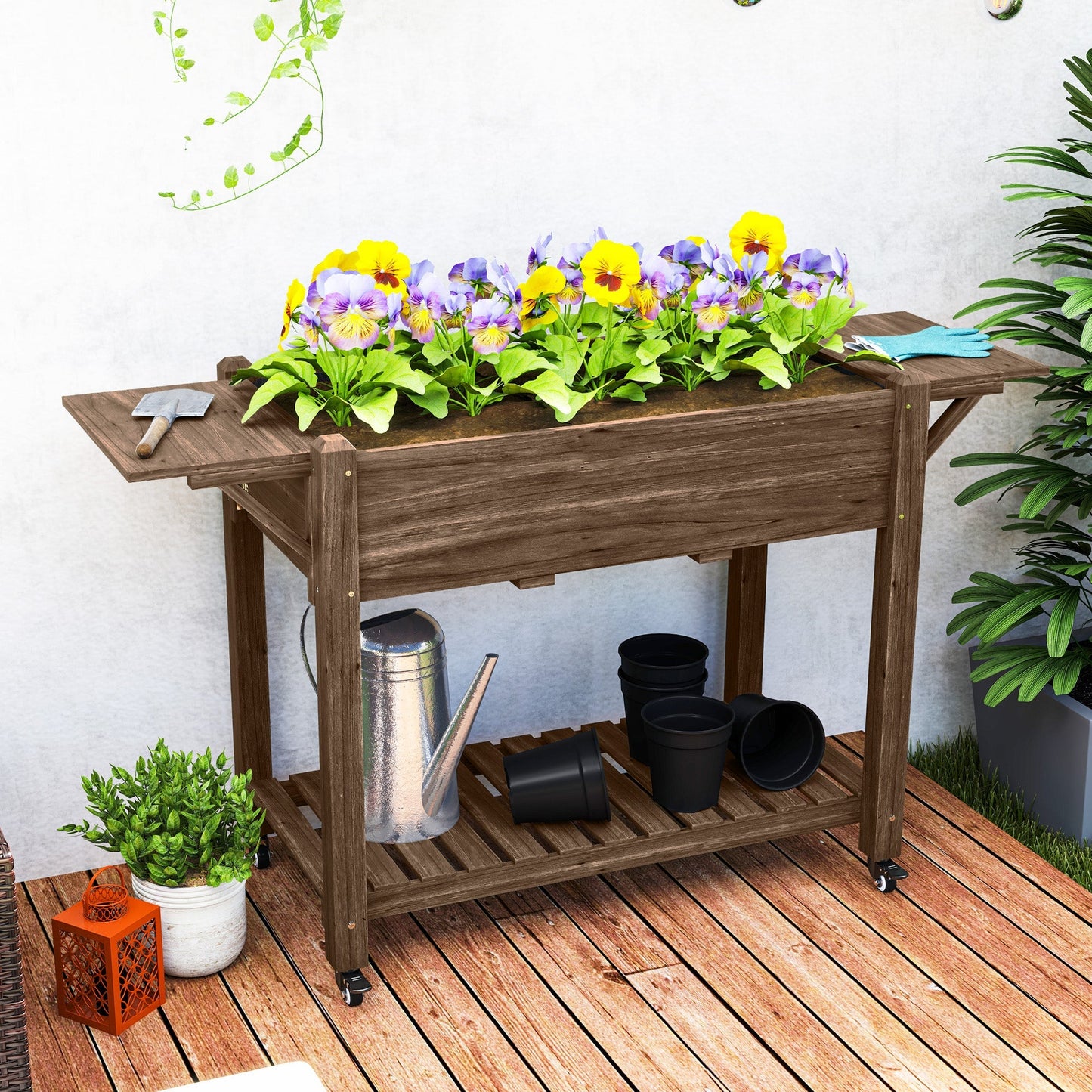 Wooden Elevated Planter Box with Lockable Wheels, Side Tables and Bottom Shelf, Carbonised