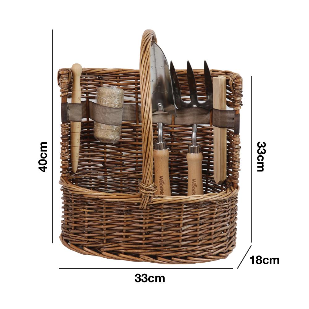 Woodside Willow Tool Basket/Trug with Garden Hand Tools Trowel/Fork/Dibber